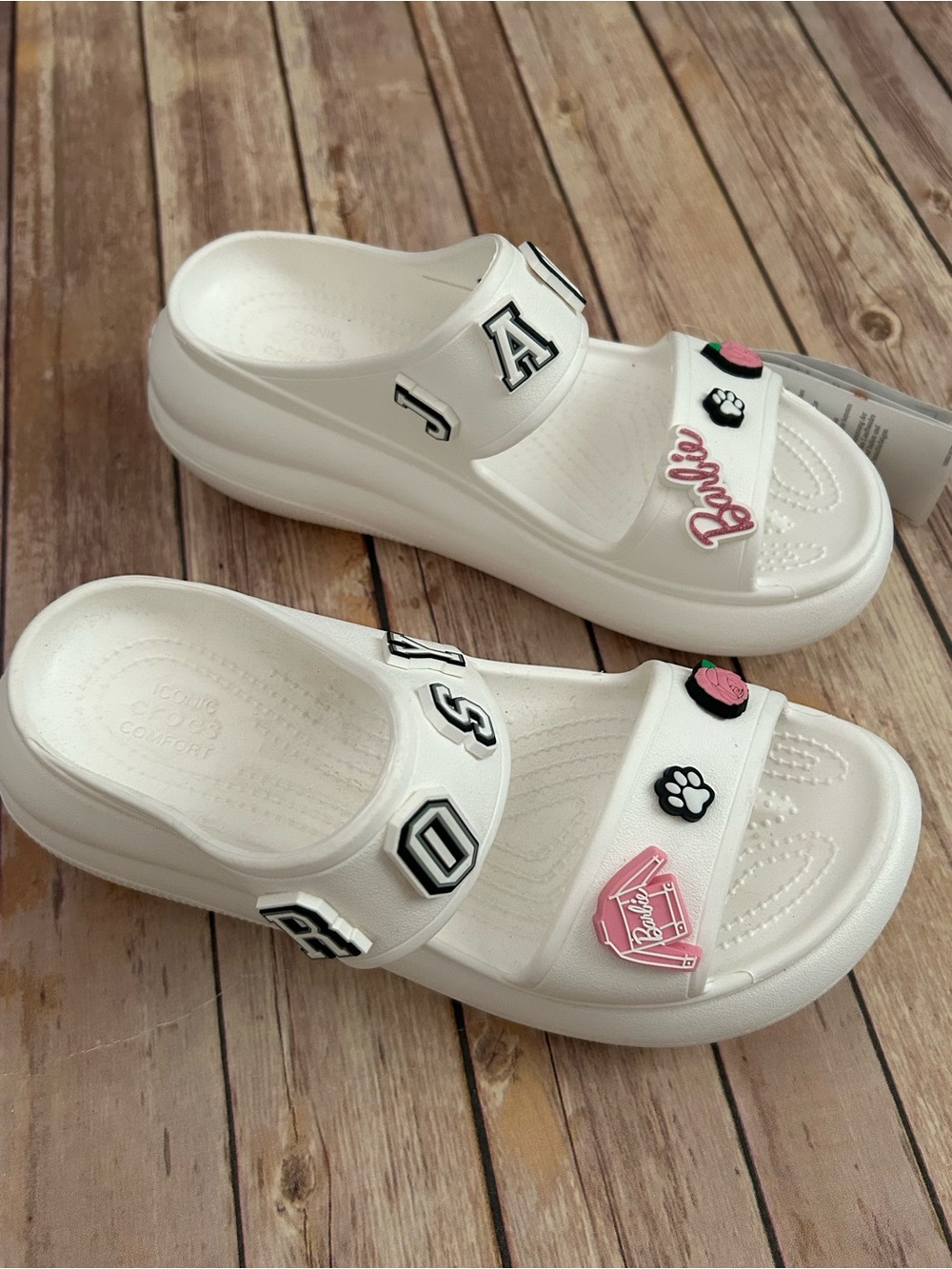 CROCS White Crush Sandal with Pink Rose, Barbie & Black Paw Charms | Size 10